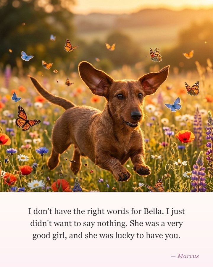 Example pet sympathy card — a dog or cat running happily in the distance, with a message underneath